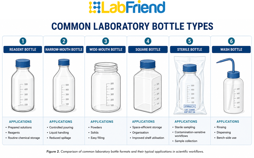 Comparison of common laboratory bottle types including reagent bottles, narrow-mouth bottles, wide-mouth bottles, square bottles, sterile bottles and wash bottles.
