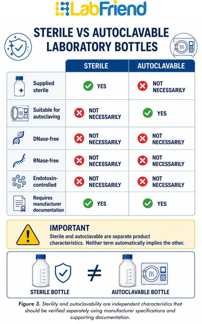 Scientific comparison showing the differences between sterile and autoclavable laboratory bottles, including sterility, autoclave suitability, DNase/RNase status and documentation requirements.