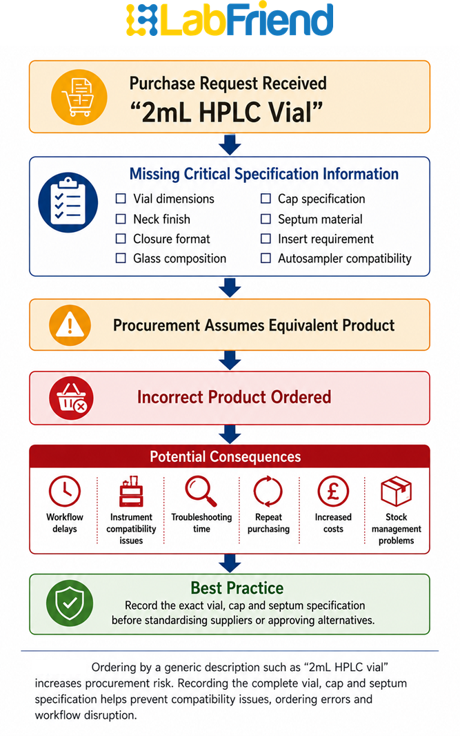 Procurement risk flowchart showing why ordering a chromatography vial using only a generic description can lead to compatibility issues, ordering errors and workflow disruption.
