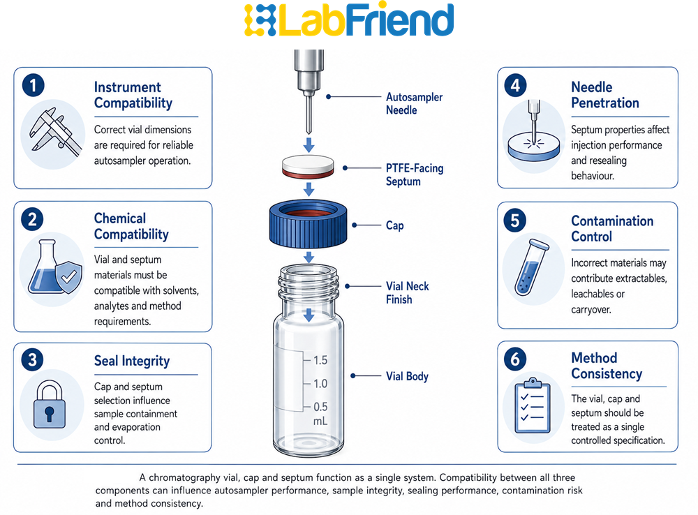 Exploded diagram showing how a chromatography vial, cap and septum function as an integrated system for sample containment, autosampler compatibility and method consistency