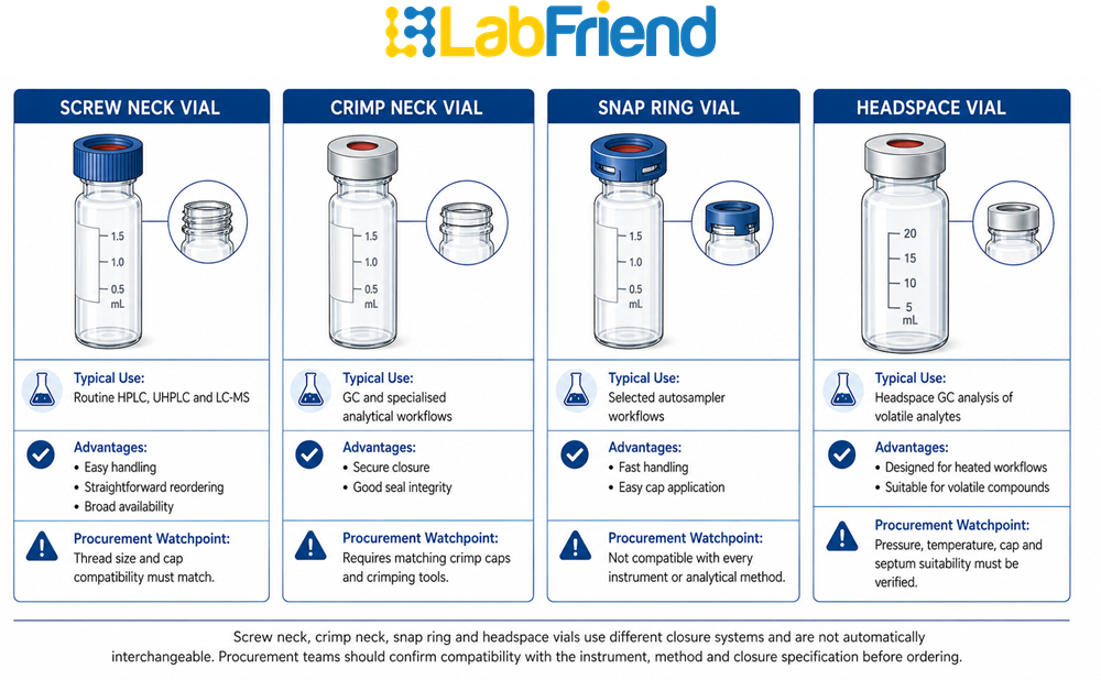 Comparison of screw neck, crimp neck, snap ring and headspace chromatography vial closure systems with typical applications and procurement considerations.