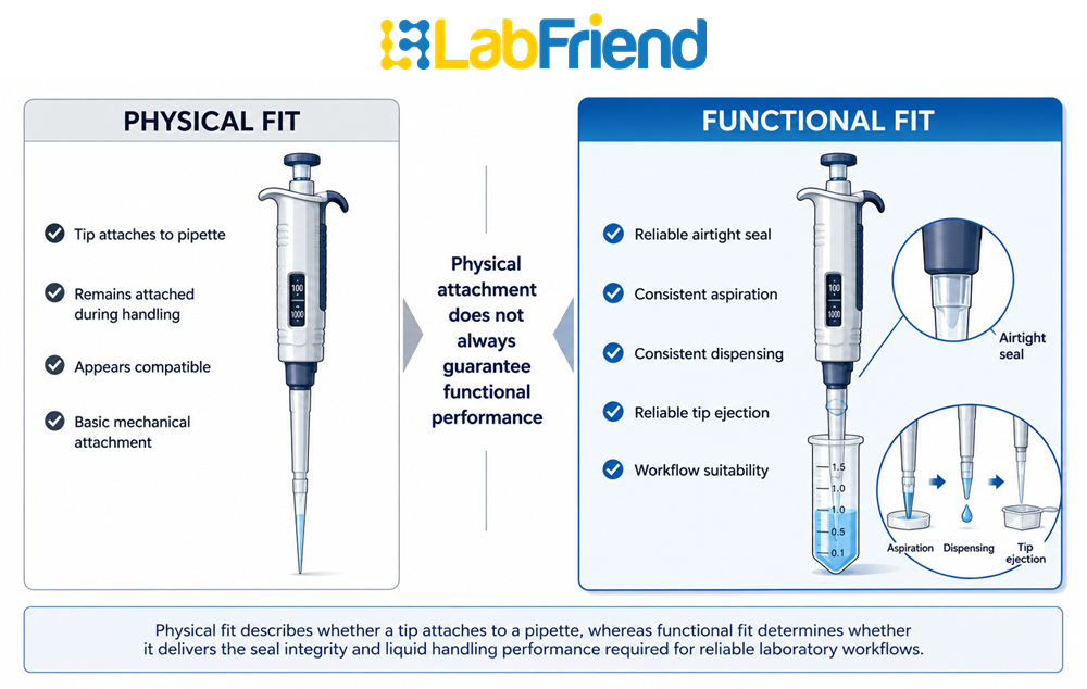 Comparison of physical fit versus functional fit in pipette tip compatibility showing attachment, seal integrity and liquid handling performance differences
