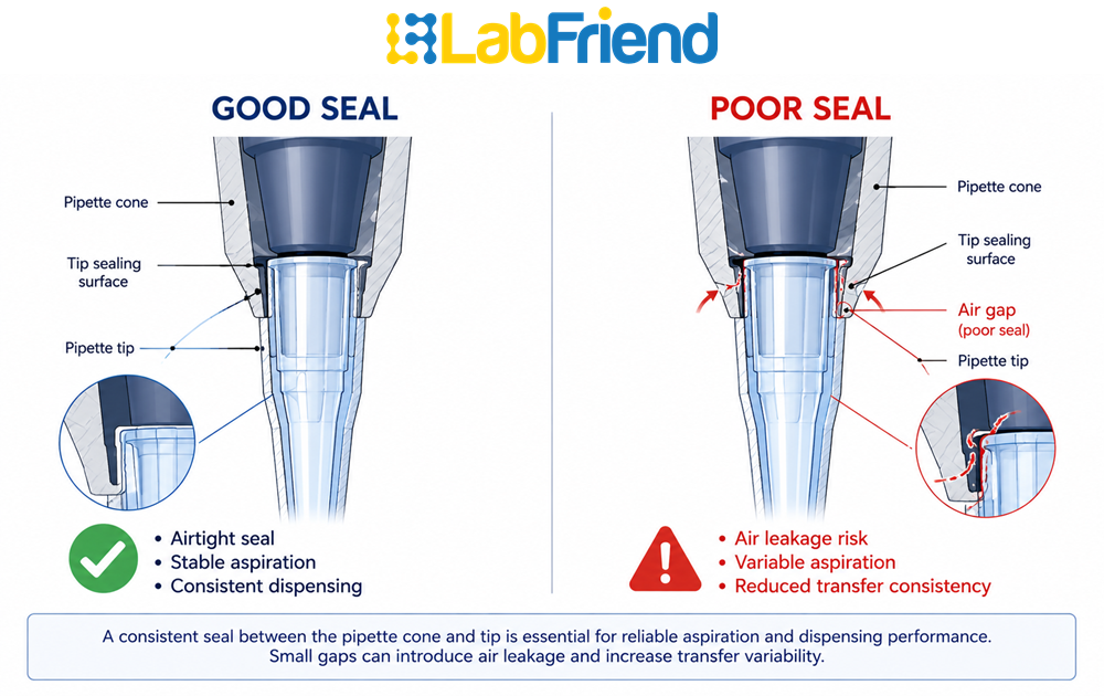 Cross-sectional diagram showing a good pipette tip seal compared with a poor seal causing air leakage and inconsistent liquid transfer