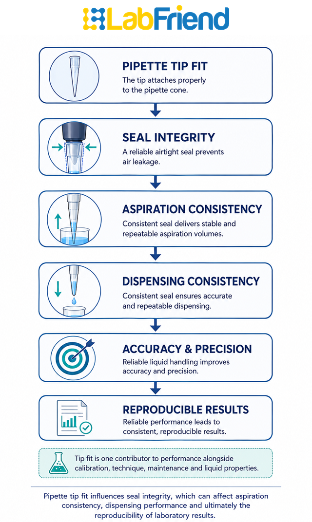 Flow diagram showing how pipette tip fit influences seal integrity, aspiration consistency, dispensing consistency and reproducible laboratory results