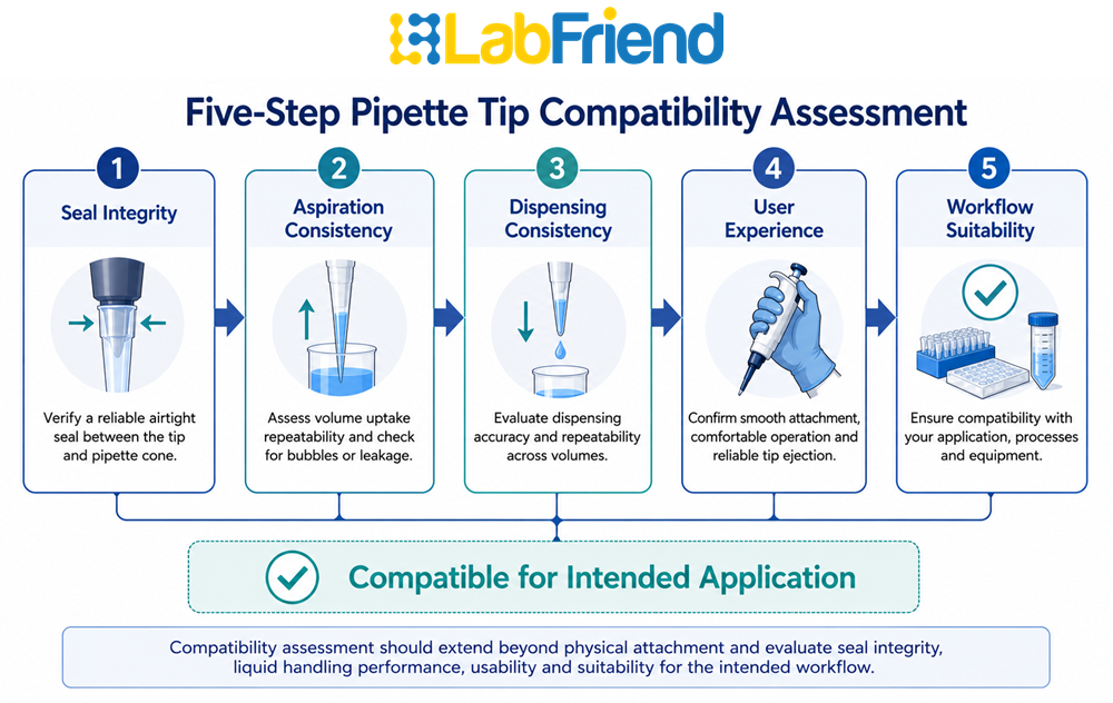 Five-step laboratory workflow for assessing pipette tip compatibility including seal integrity, aspiration consistency, dispensing consistency, user experience and workflow suitability