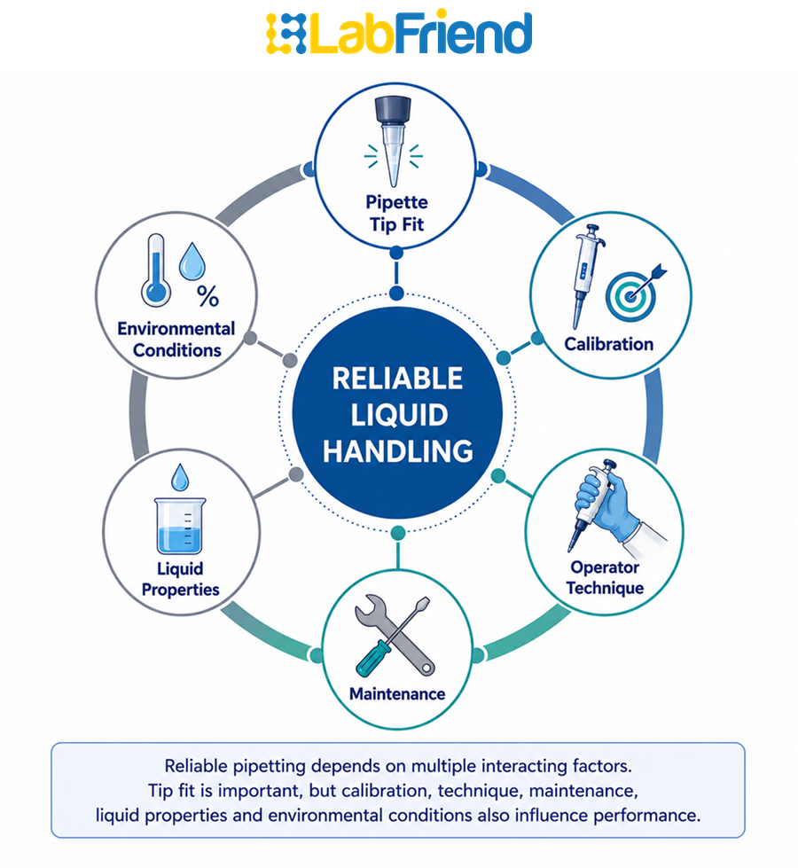 Diagram showing pipette tip fit alongside calibration, operator technique, maintenance, liquid properties and environmental conditions affecting reliable liquid handling