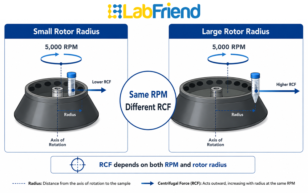 Diagram showing two centrifuge rotors operating at the same RPM but generating different RCF values due to different rotor radii.