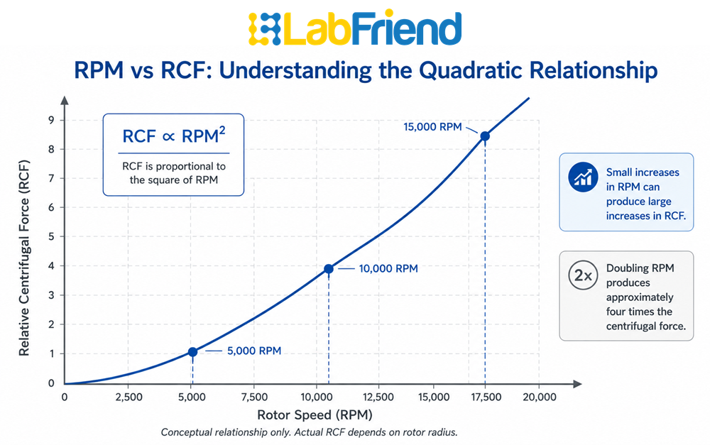 Graph illustrating that relative centrifugal force increases with the square of RPM rather than increasing linearly.