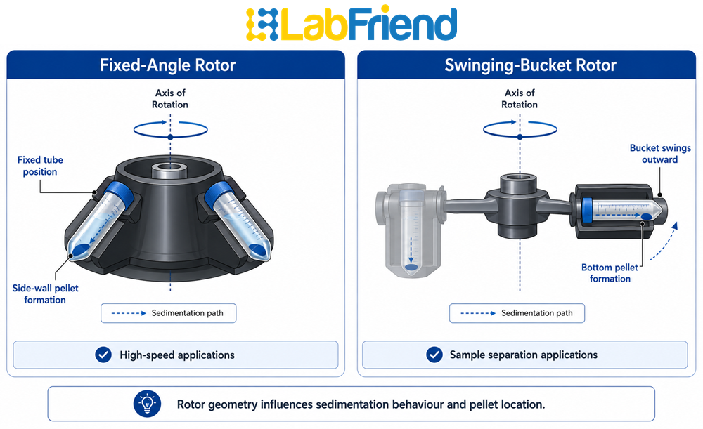 Comparison of fixed-angle and swinging-bucket centrifuge rotors showing tube orientation and typical pellet locations.