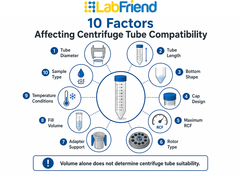 Infographic showing key centrifuge tube compatibility factors including dimensions, RCF rating, rotor type, adapter support, temperature and sample characteristics.