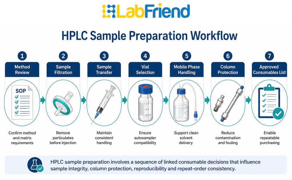 HPLC sample preparation workflow showing method review, filtration, sample transfer, vial selection, solvent handling, column protection and approved consumables documentation
