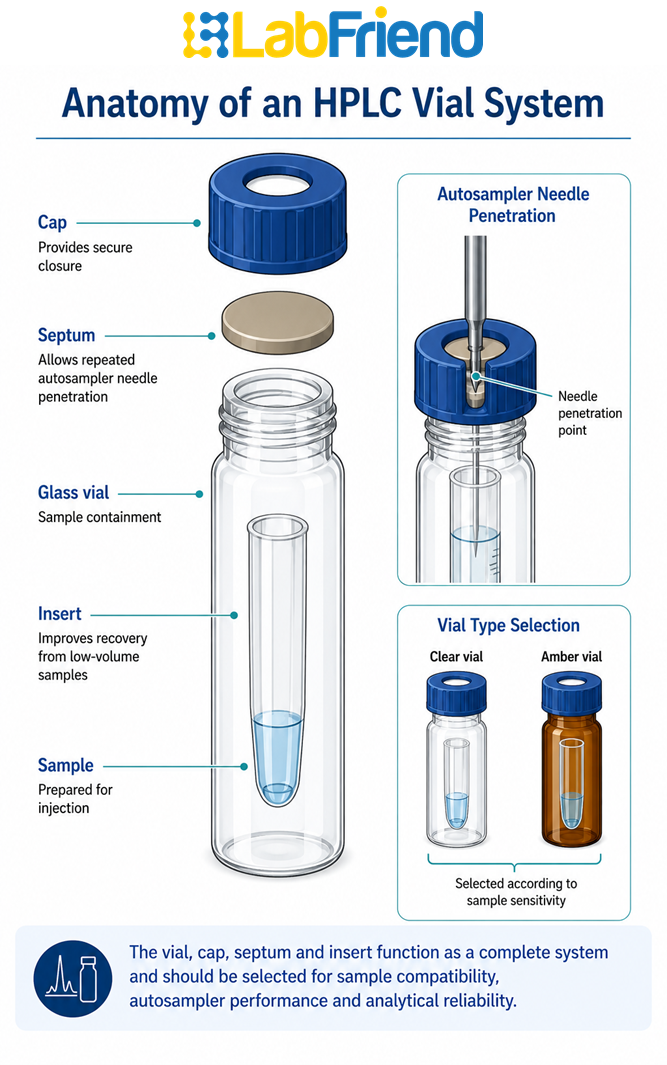 Exploded diagram of an HPLC vial system showing cap, septum, vial body, insert, sample and autosampler needle interaction