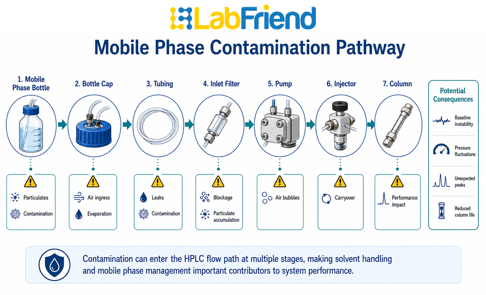 HPLC mobile phase flow path showing solvent bottle, cap, tubing, inlet filter, pump, injector and column with contamination risk points identified