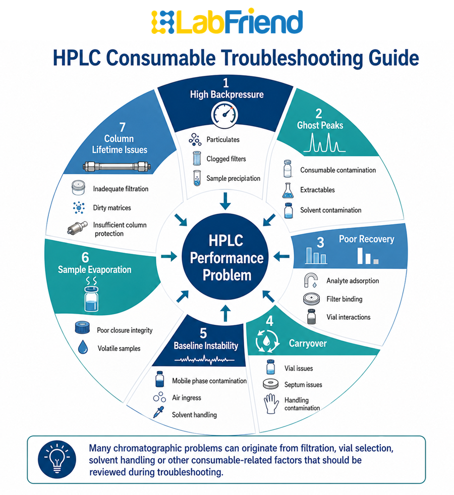hplc-consumable-troubleshooting-guide.webp	HPLC troubleshooting wheel linking common chromatographic problems such as ghost peaks, backpressure and poor recovery to consumable-related causes