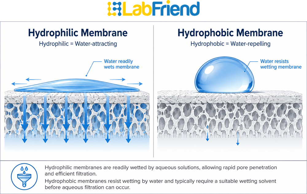 Diagram showing how water wets a hydrophilic membrane and beads on a hydrophobic membrane during laboratory filtration.