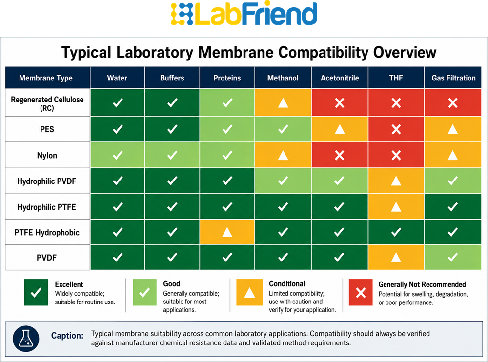 Heatmap comparing regenerated cellulose, PES, nylon, PVDF and PTFE membrane suitability for common laboratory applications and solvents.