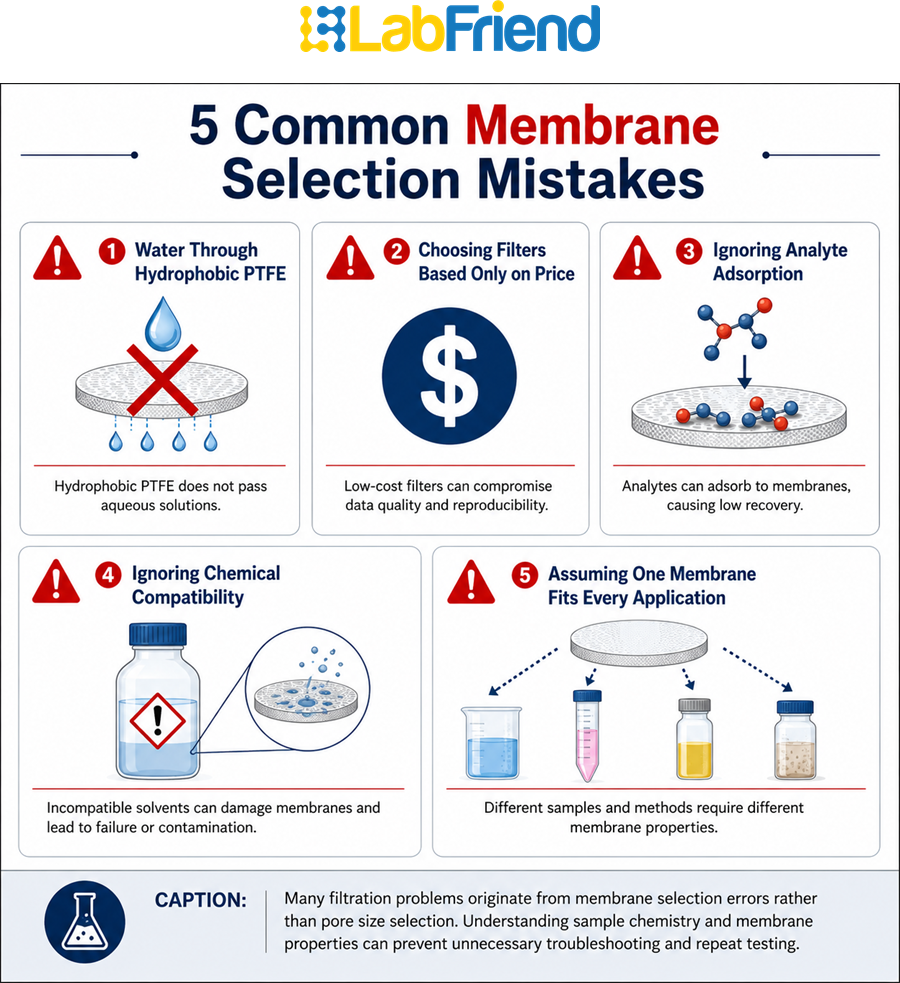Infographic showing common membrane selection mistakes including incorrect membrane chemistry, compatibility and adsorption considerations.