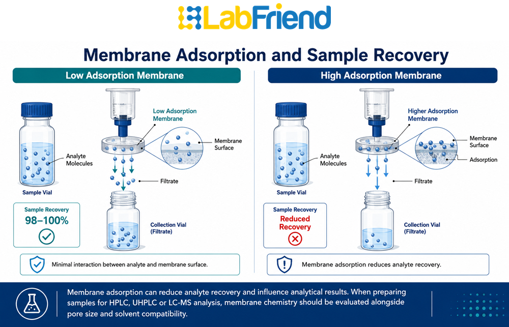 Illustration showing how membrane adsorption can affect analyte recovery during HPLC, UHPLC and LC-MS sample preparation.