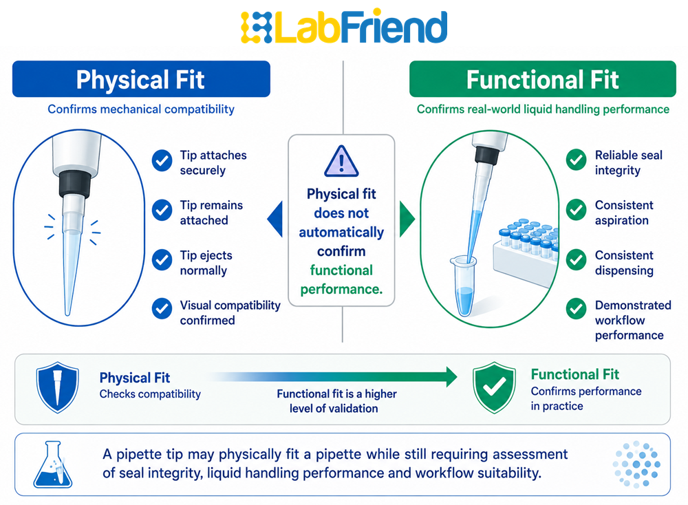 Comparison showing the difference between physical fit and functional fit of compatible pipette tips