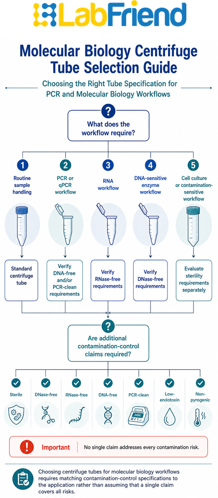 Decision tree showing how to select centrifuge tubes for PCR, qPCR, RNA and molecular biology workflows based on sterility, DNase-free, RNase-free, DNA-free and PCR-clean requirements.