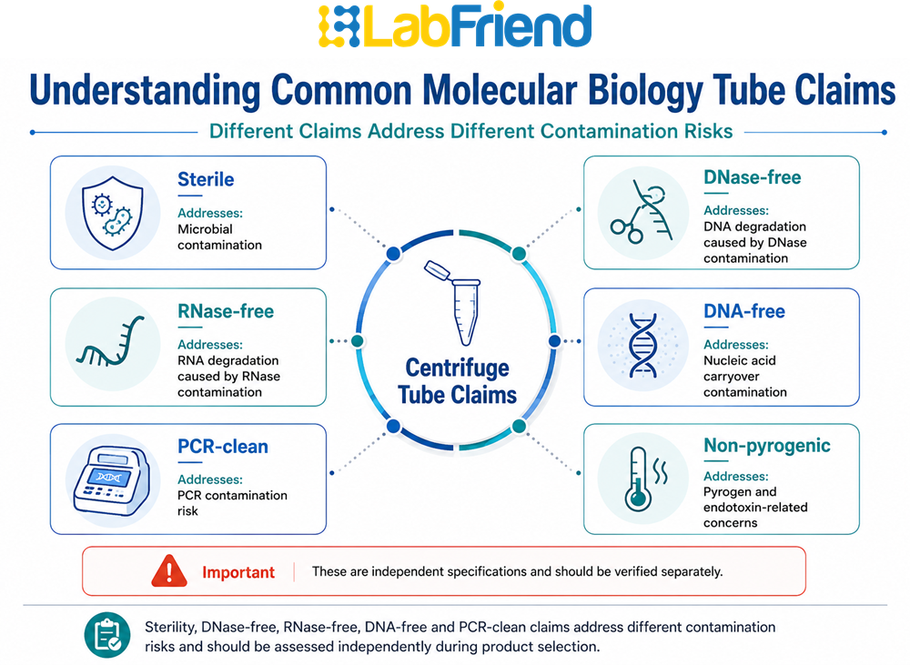 Infographic explaining the differences between sterile, DNase-free, RNase-free, DNA-free, PCR-clean and non-pyrogenic centrifuge tube claims and the contamination risks each specification addresses