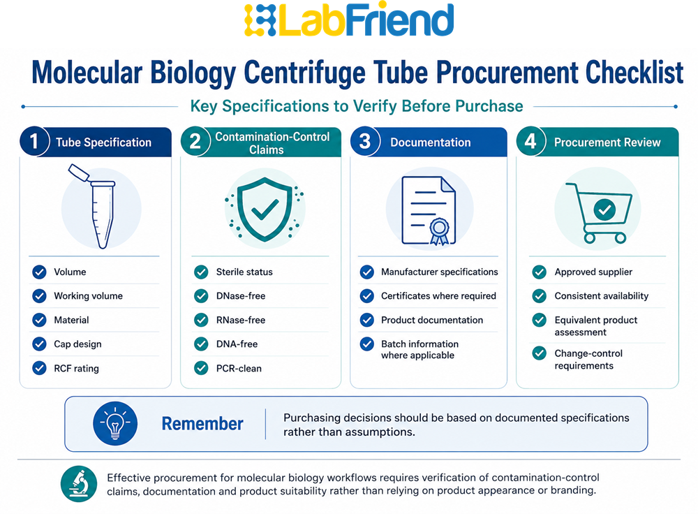 Procurement checklist for molecular biology centrifuge tubes covering contamination-control claims, documentation requirements, tube specifications, supplier approval and change-control considerations