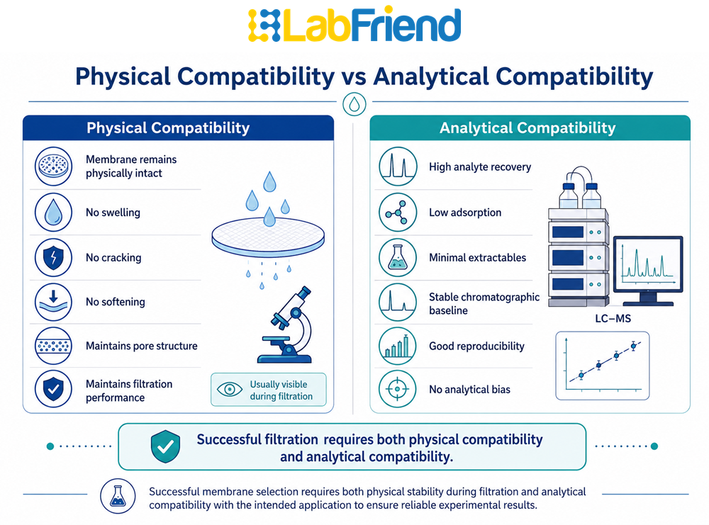 Infographic comparing physical membrane compatibility with analytical compatibility in laboratory filtration, showing membrane integrity, analyte recovery, adsorption and extractables.