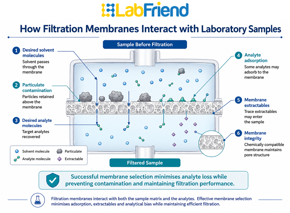 Cross-sectional scientific diagram showing how filtration membranes interact with solvents, analytes and particulates, including adsorption, extractables and particle retention