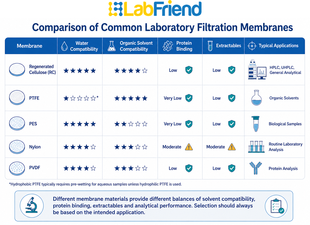 Comparison matrix of regenerated cellulose, PTFE, PES, nylon and PVDF filtration membranes showing solvent compatibility, protein binding, extractables and common laboratory applications.