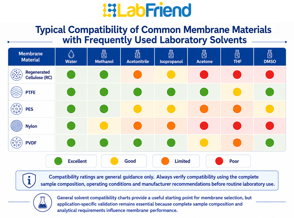Heat map comparing the compatibility of common laboratory membrane materials with water, methanol, acetonitrile, isopropanol, acetone, THF and DMSO