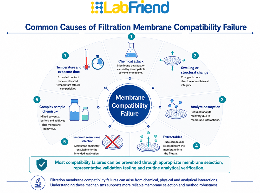 Scientific infographic illustrating the common causes of filtration membrane compatibility failure, including chemical attack, adsorption, extractables, swelling, solvent effects and incorrect membrane selection.