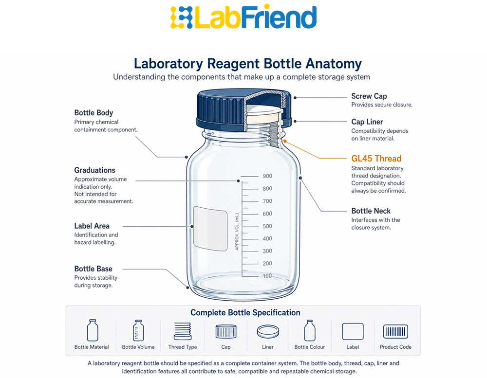Labelled diagram showing the components of a laboratory reagent bottle including the bottle body, GL45 thread, cap, liner, graduations and label area.