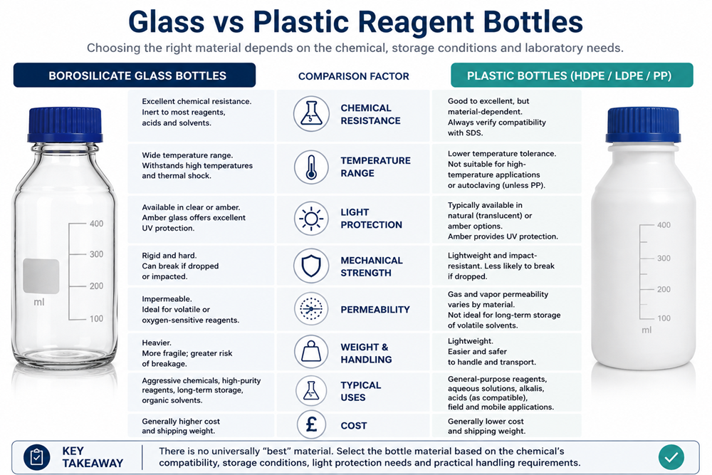Comparison of borosilicate glass and plastic laboratory reagent bottles highlighting chemical resistance, handling characteristics and selection considerations