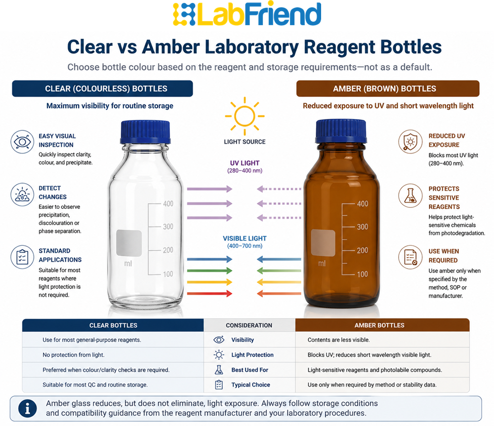 Comparison of clear and amber laboratory reagent bottles showing their typical applications and light protection considerations.