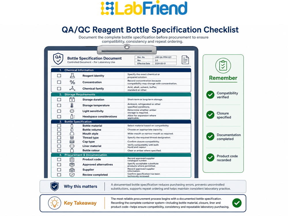 QA/QC checklist showing the information that should be recorded when specifying laboratory reagent bottles for chemical storage.
