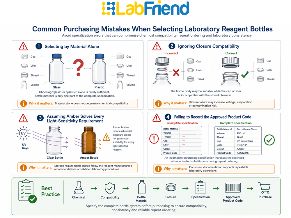 Illustration highlighting common mistakes when selecting laboratory reagent bottles, including material-only selection, closure incompatibility and poor specification control.