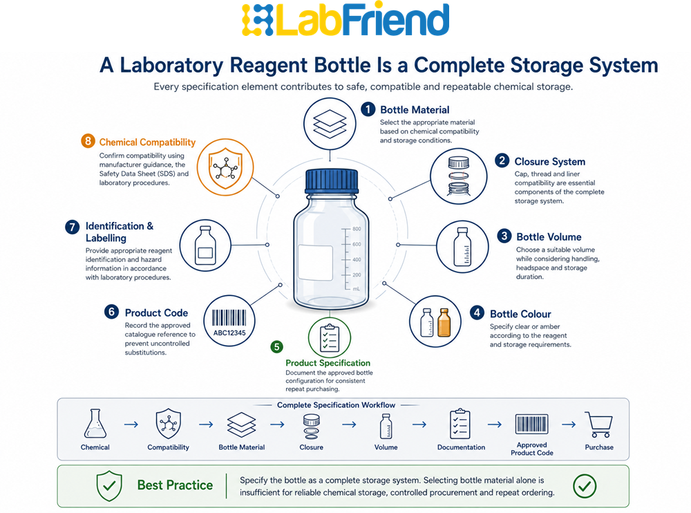 Infographic showing a laboratory reagent bottle as a complete storage system including bottle material, closure, thread, liner, volume, colour, labelling and product specification.