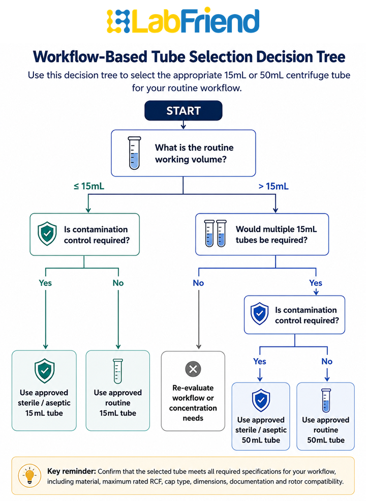 Decision tree showing how to select 15 mL or 50 mL centrifuge tubes based on sample volume, contamination-control requirements and workflow needs.