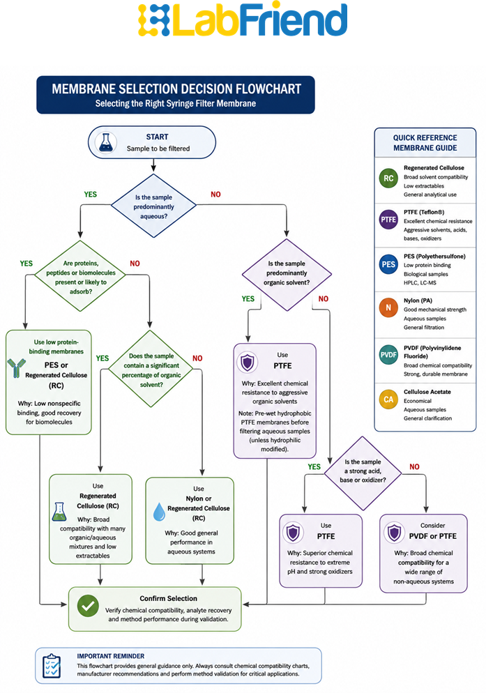 Decision flowchart for selecting the appropriate syringe filter membrane based on sample chemistry, solvent type and analytical application.