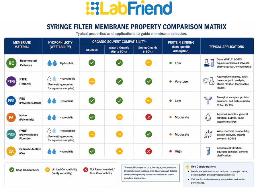 Comparison matrix showing the properties of regenerated cellulose, PTFE, PES, nylon, PVDF and cellulose acetate syringe filter membranes, including hydrophilicity, solvent compatibility, protein binding and typical applications.