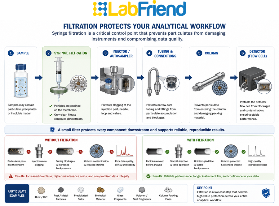 Diagram showing how syringe filtration protects analytical instrumentation including the injector, tubing, chromatography column and detector from particulate contamination.