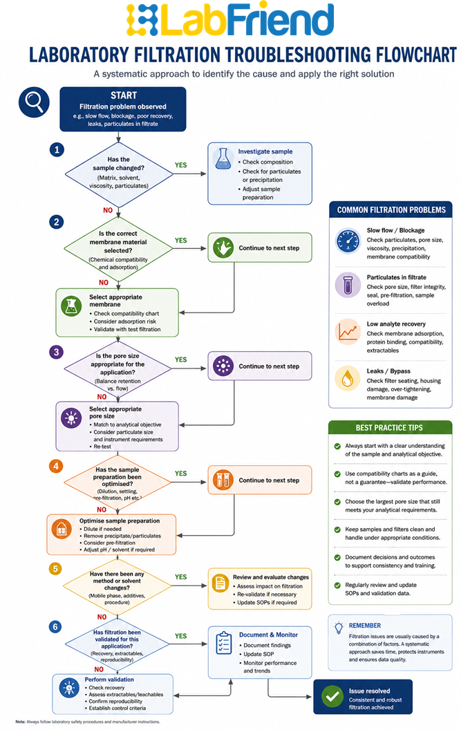 Filtration troubleshooting flowchart guiding scientists through sample review, membrane selection, pore size assessment, method review and validation before changing filters