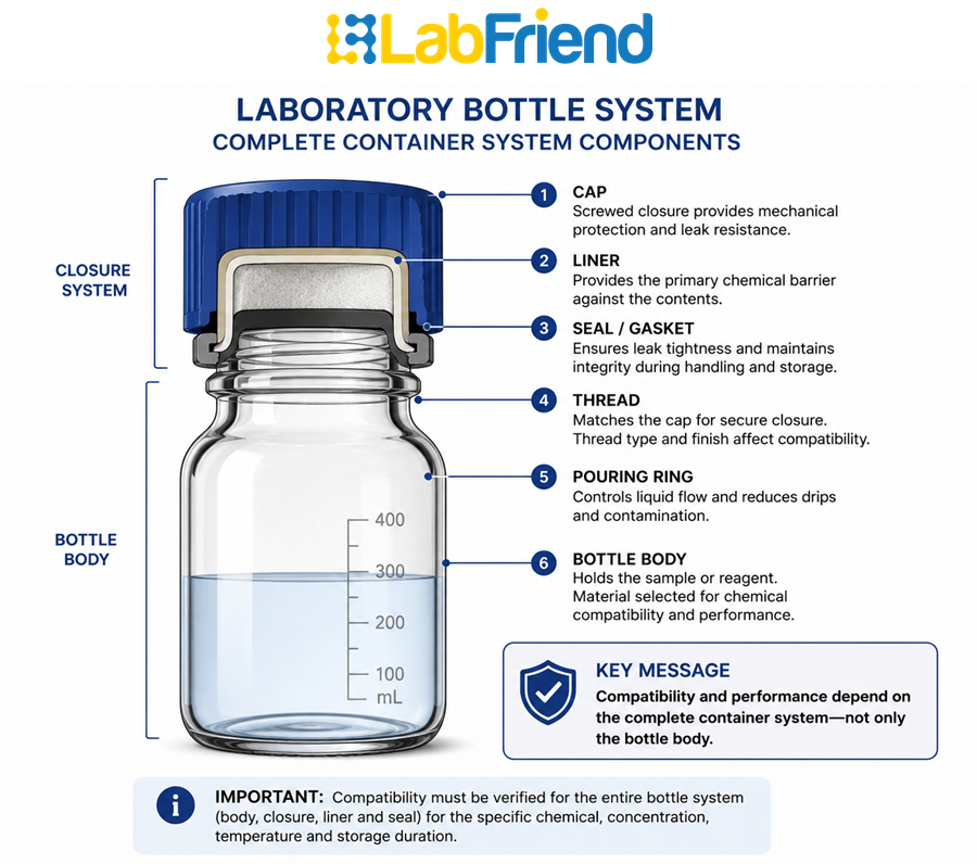 Annotated diagram showing the components of a laboratory bottle system, including bottle body, cap, thread, liner, seal and pouring ring, highlighting that compatibility applies to the complete container system.