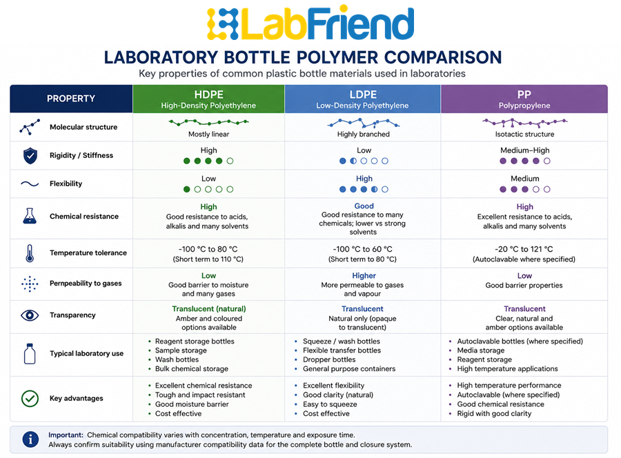Comparison chart showing the key laboratory properties of HDPE, LDPE and polypropylene (PP) bottles, including rigidity, flexibility, chemical resistance, temperature tolerance and typical laboratory applications.