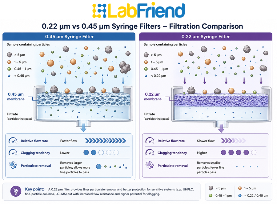 Cross-sectional comparison showing how 0.22 µm and 0.45 µm syringe filters retain suspended particles, illustrating differences in particulate removal, flow resistance and clogging potential