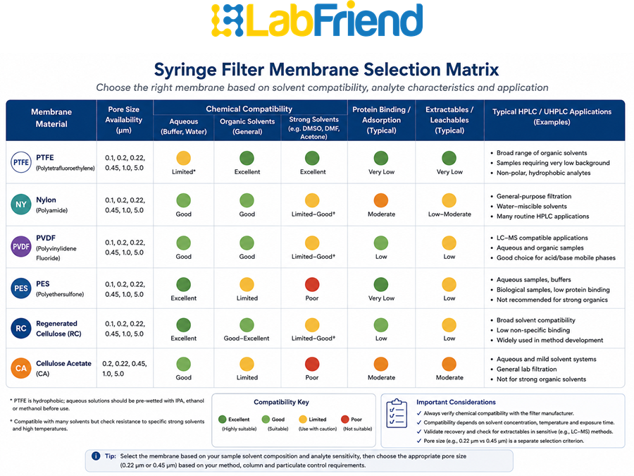 Comparison table of common syringe filter membrane materials including PTFE, nylon, PVDF, PES and regenerated cellulose with typical solvent compatibility and analytical applications.