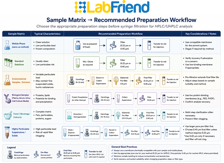 Workflow showing recommended sample preparation routes for different analytical sample matrices before HPLC or UHPLC syringe filtration, including direct filtration, centrifugation and pre-filtration.