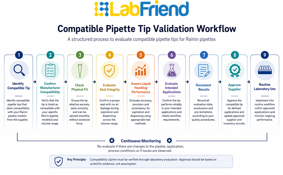Workflow showing the laboratory validation process for evaluating compatible pipette tips for Rainin pipettes, from compatibility assessment through supplier approval.