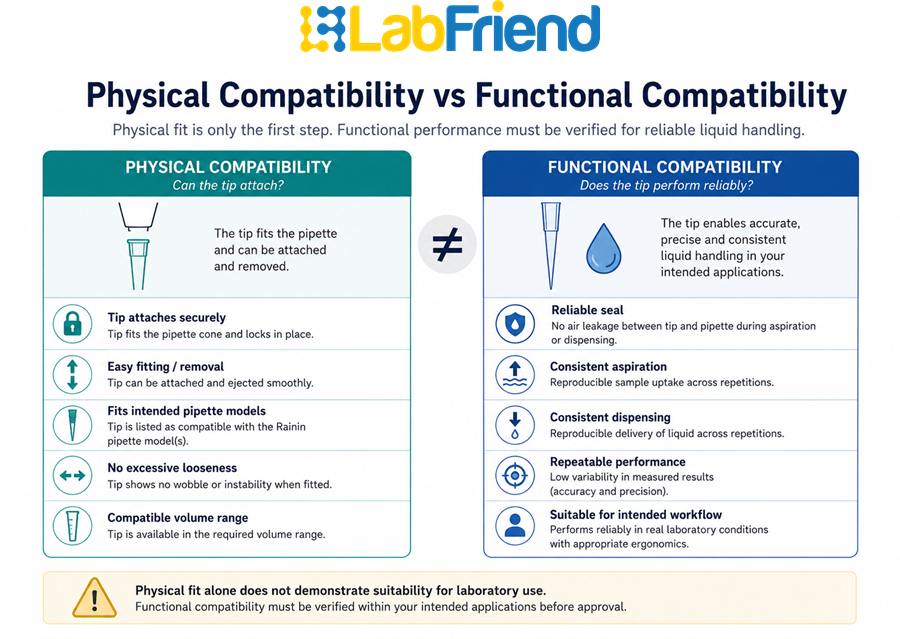 Comparison diagram illustrating the difference between physical compatibility and functional compatibility when evaluating compatible pipette tips for Rainin pipettes.