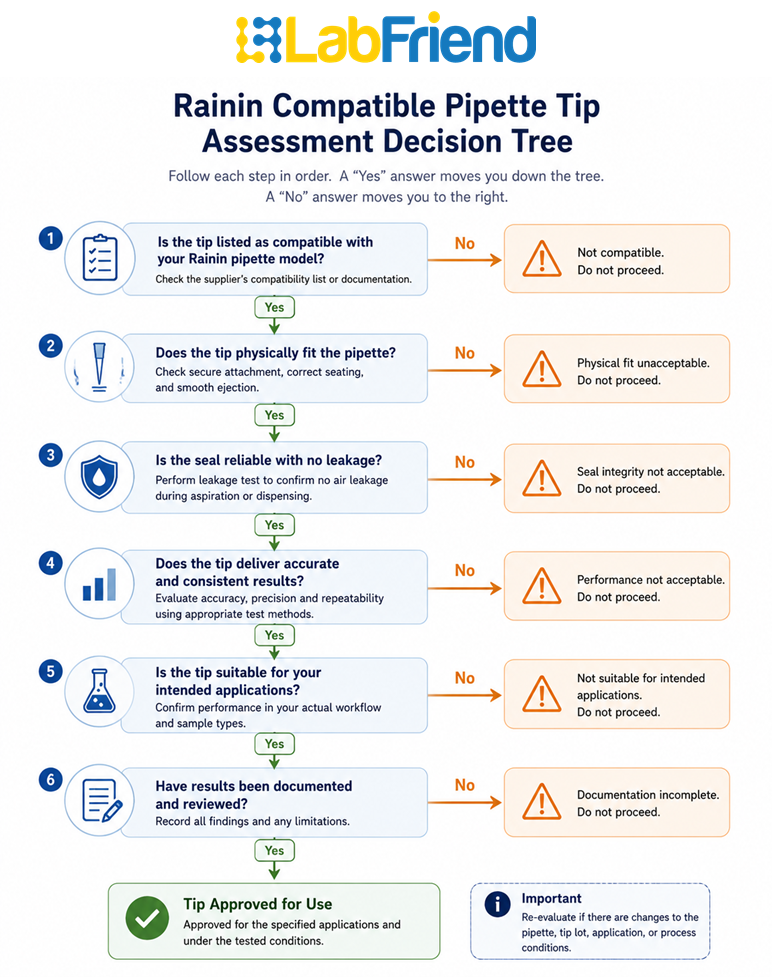 Decision tree showing the evaluation process for determining whether a compatible pipette tip is suitable for use with Rainin pipettes.